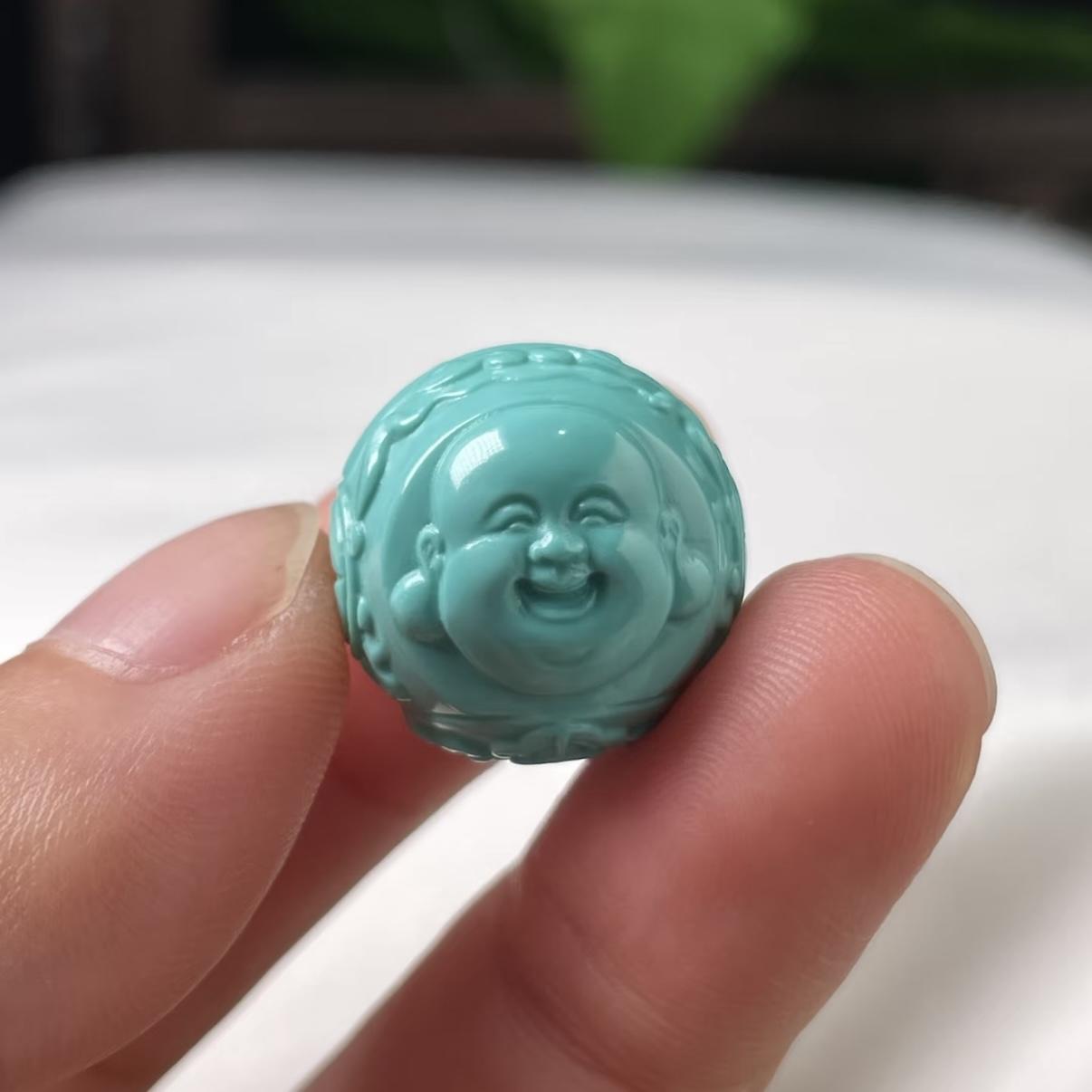 精品湖北原矿绿松石财富一生苏工雕刻双面珠子 多宝手串文玩配珠
