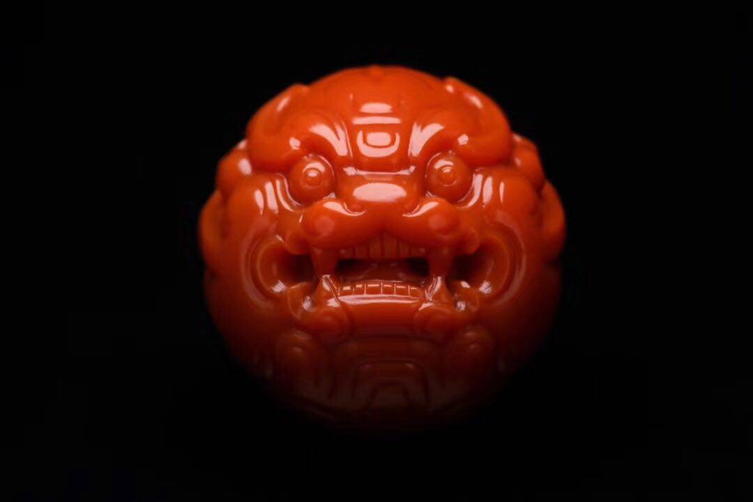 精品瓦西南红兽头珠 双面兽头苏工大师雕刻 多宝单珠 文玩配饰