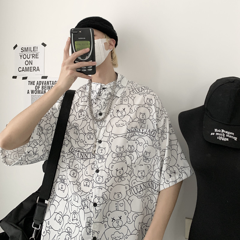 2021春夏韩ins潮美式复古卡通短袖休闲宽松衬衫CS005P45,男装衬衫,电商D325