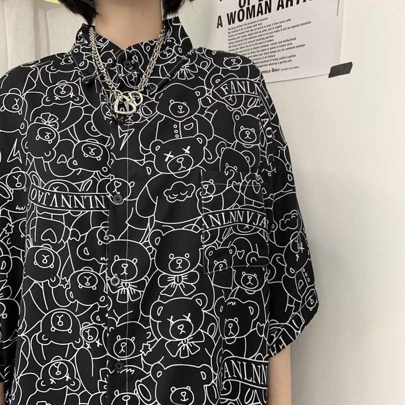 2021春夏韩ins潮美式复古卡通短袖休闲宽松衬衫CS005P45,男装衬衫,电商D325