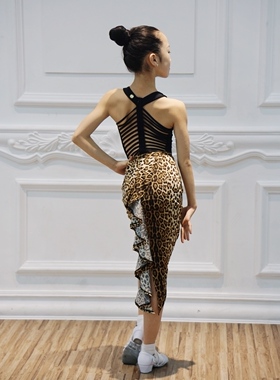 NF宁方舞服少儿无袖后背交叉带连体上衣#039/波浪豹纹下身裙#059