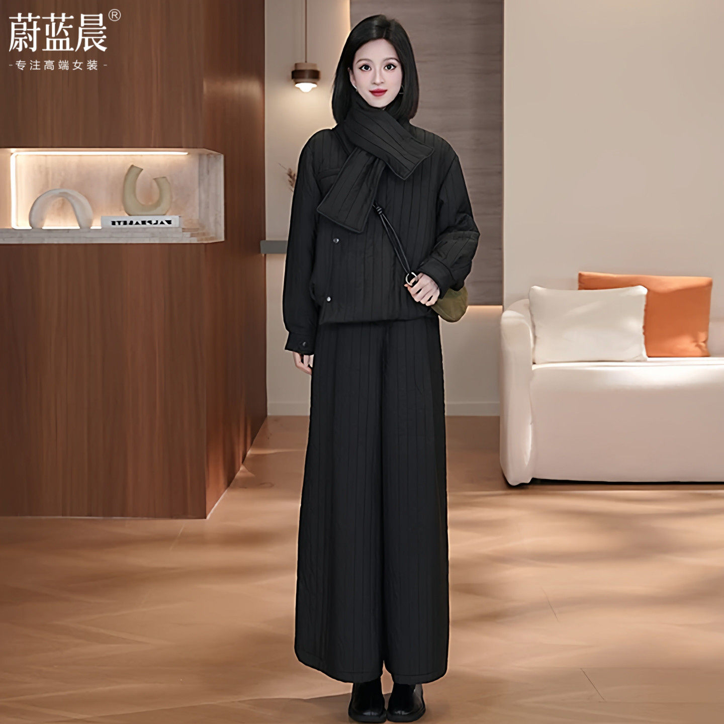 专柜套装女装冬2026新款时尚显瘦设计感棉服外套阔腿裤围巾三件套