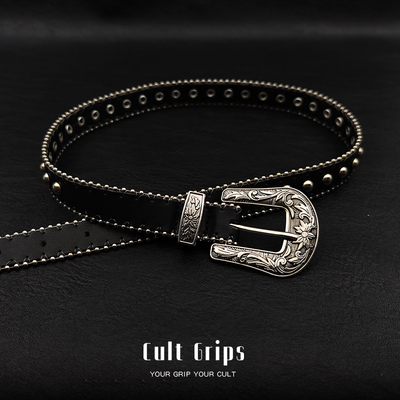 欧美复古雕花细y2k腰带女2025新款设计感小众车珠链铆钉黑色皮带