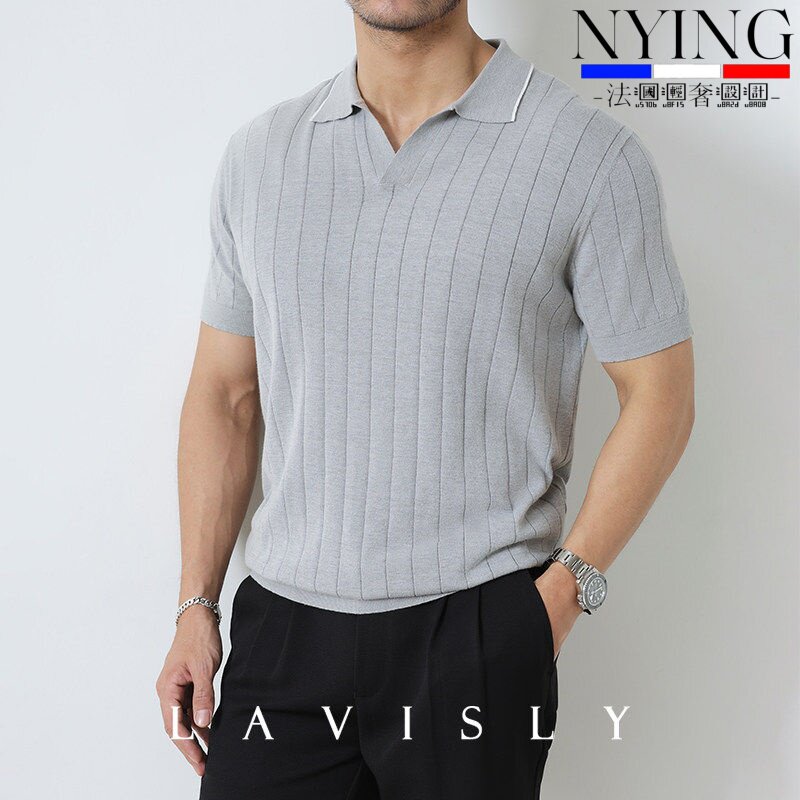 NYING法国夏季新款休闲v领polo衫男士商务针织条纹短袖灰色T恤男
