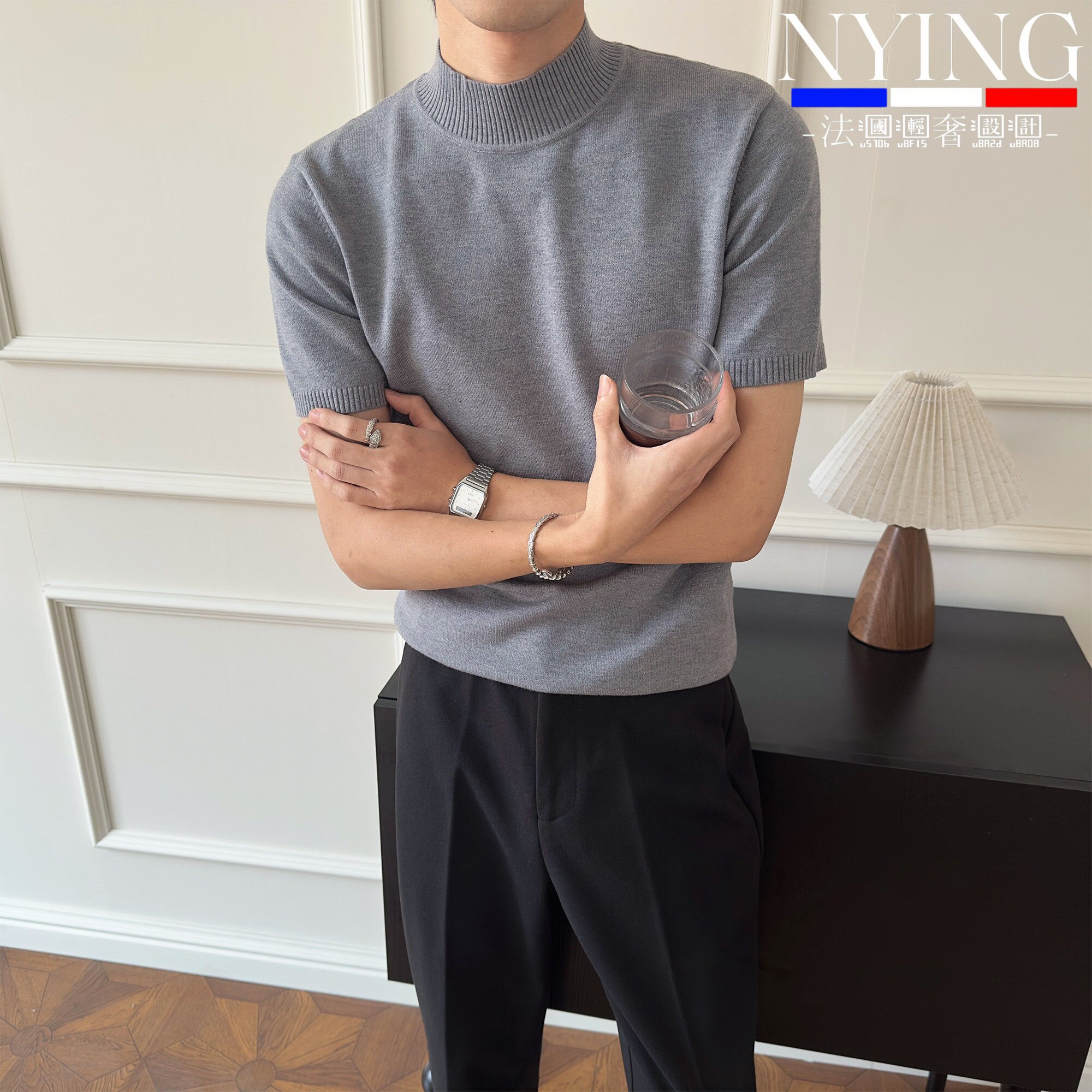 NYING法国天丝莱赛尔夏薄款半高领t恤短袖男针织衫男士修身打底衫