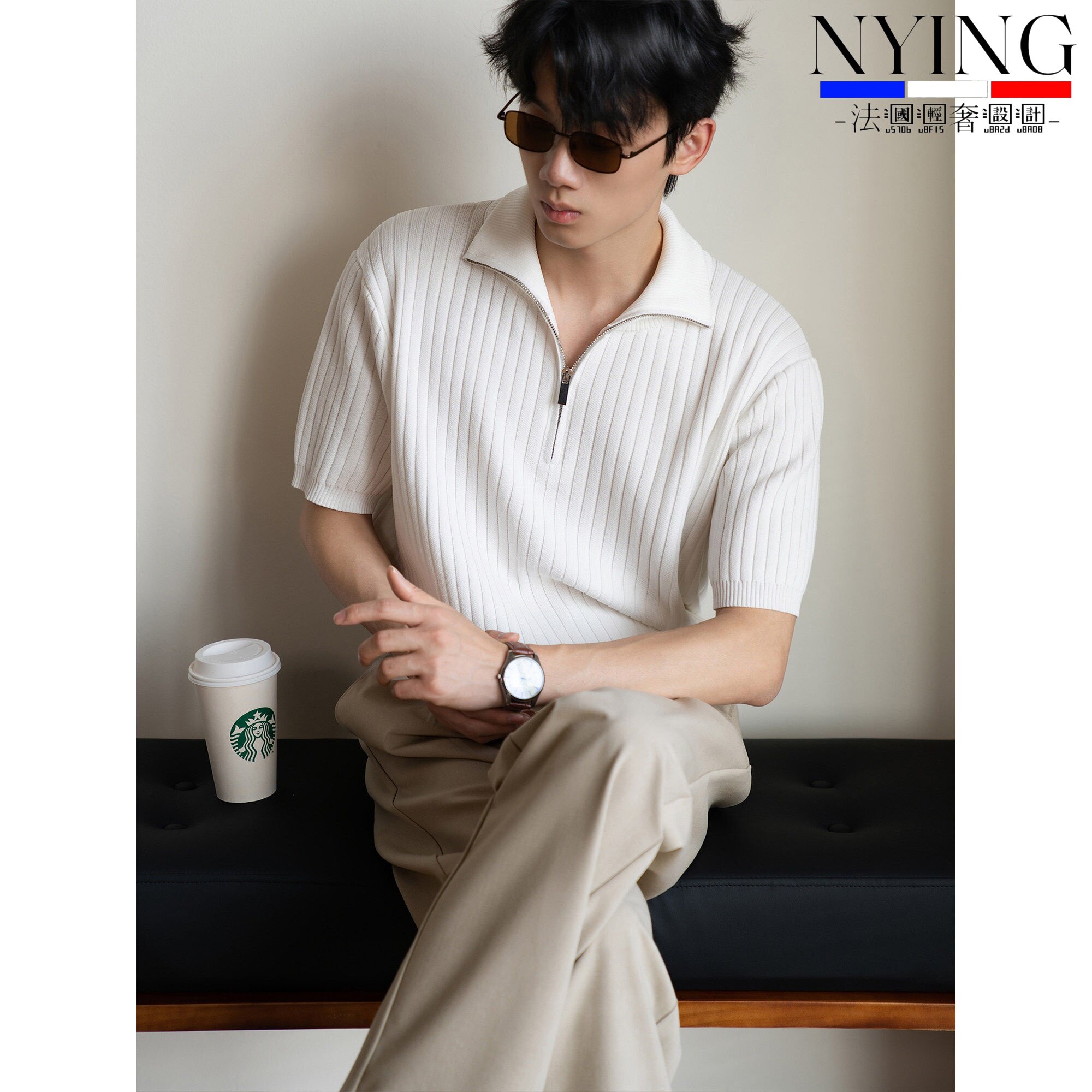 NYING法国长绒棉老钱风白色针织POLO衫男2026年夏高级感短袖T恤