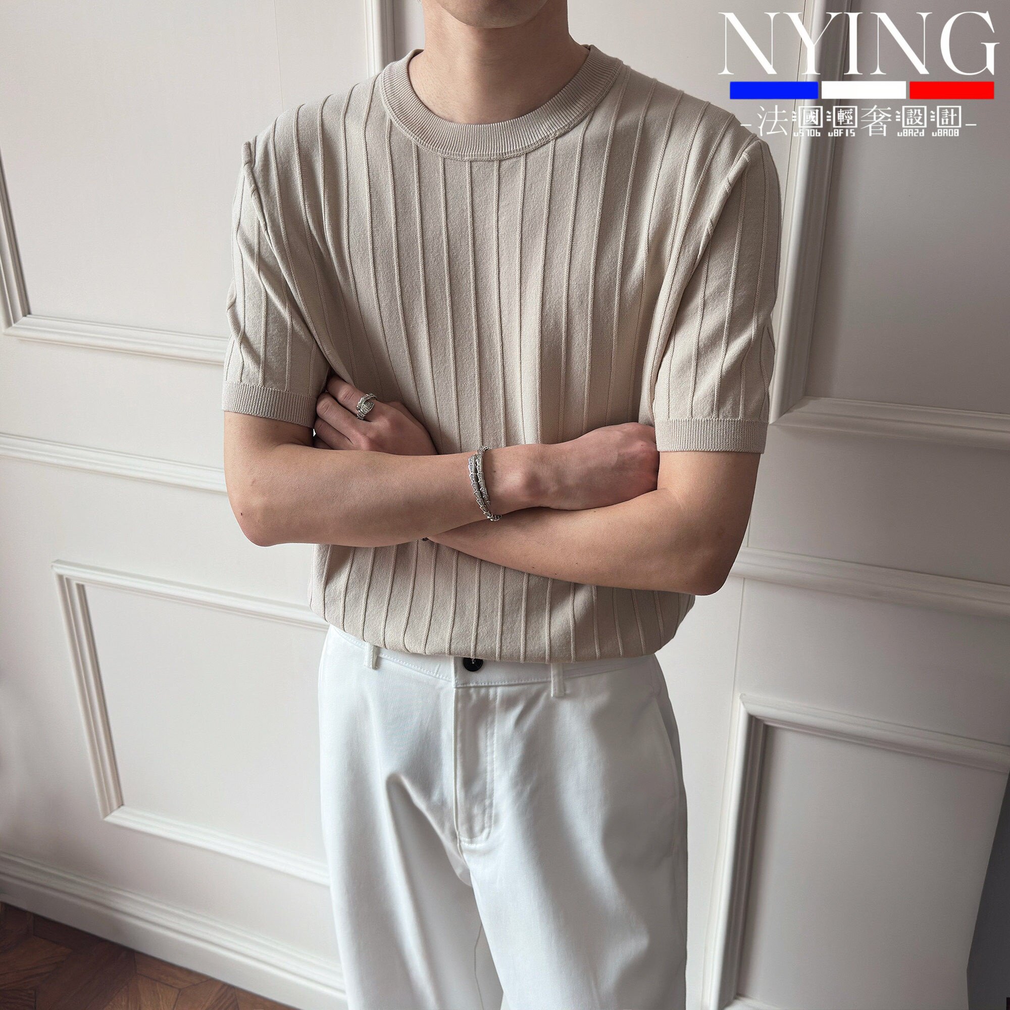 NYING法国老钱风竖条纹夏季薄款透气圆领针织衫男短袖休闲男款T恤
