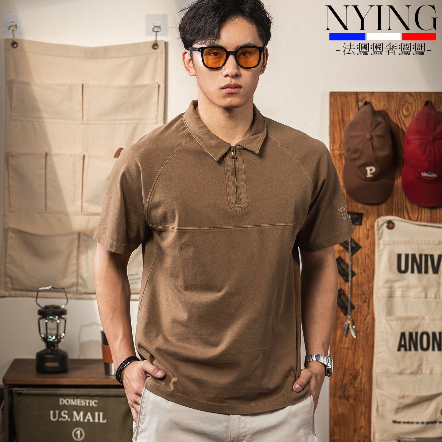 NYING法国复古半拉链polo衫男2026夏新款宽松大码重磅翻领短袖t恤
