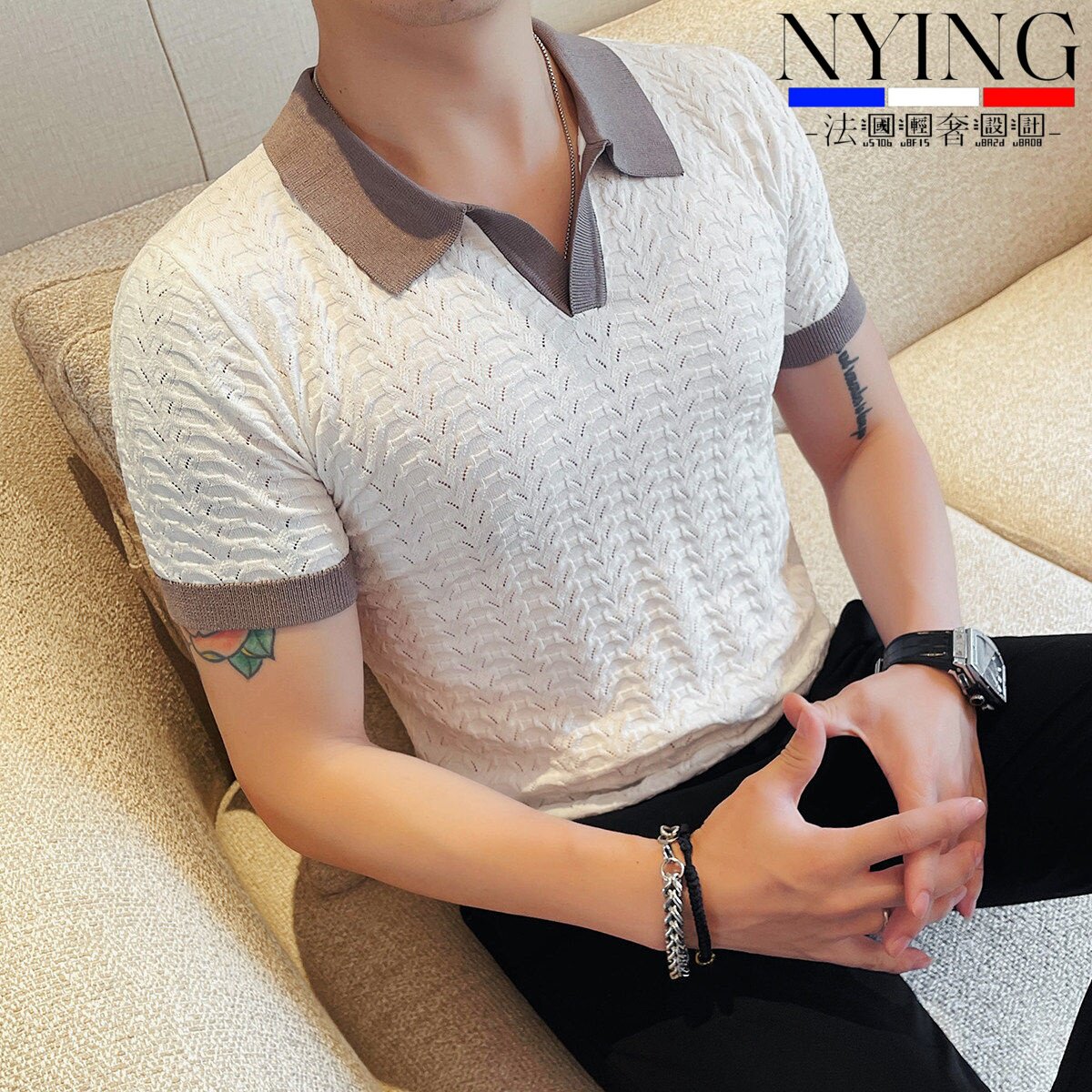 NYING法国针织镂空透气冰丝polo衫男短袖夏季薄款高级感海鸥领t恤