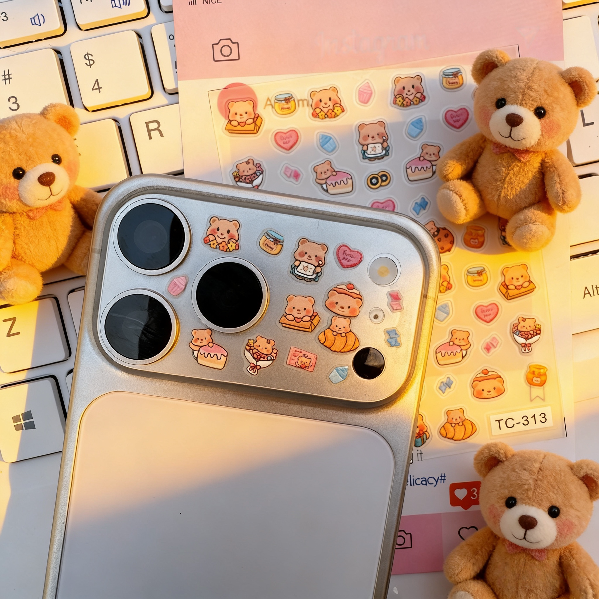 diy镜头底座膜适用iPhone17pro趣味蛋糕小熊贴纸装饰苹果17promax静电吸附镂空相机手机摄像头保护贴膜不留胶