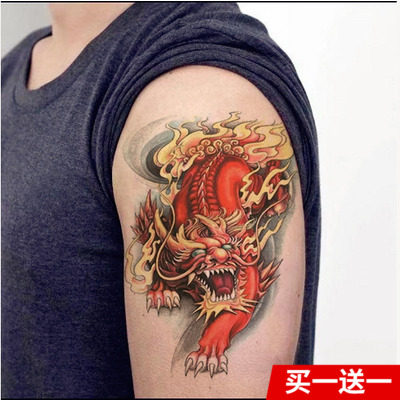 男士胸前胳膊火麒麟下山虎老虎纹身贴纸男防水持久后背遮疤痕花臂