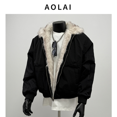 美式复古座山雕毛领棉服男款冬季加厚连帽工装外套高级感短款夹克