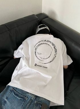 重磅纯棉潮牌美式痞帅T恤潮流个性印花男夏季圆领宽松短袖领带夹