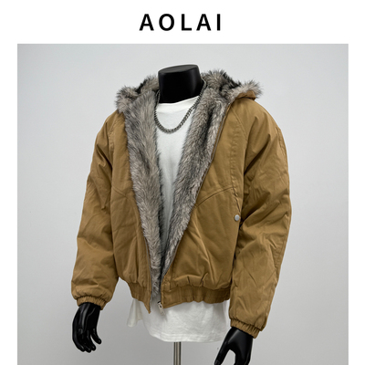 美式座山雕棉服男款冬季加绒加厚保暖派克服宽松毛领工装棉衣外套