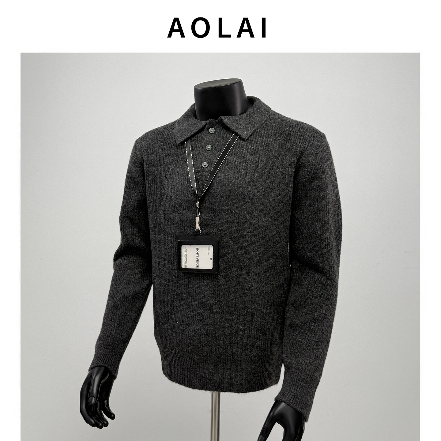 2025秋季新款美式复古翻领修身纹理纯色针织衫通勤长袖毛衣男灰色
