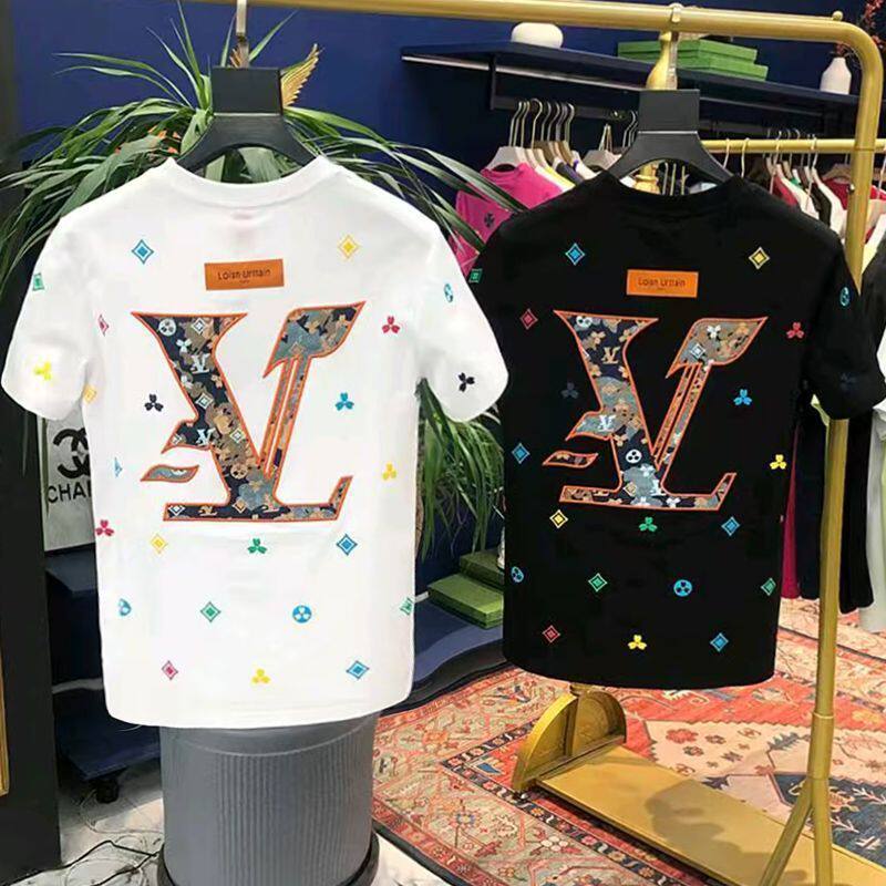 欧洲站LVSMJGXB轻奢刺绣短袖男痞帅圆领正肩T恤夏季时尚休闲半袖