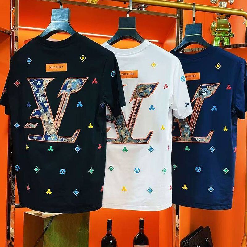 欧洲站LVSMJGXB轻奢刺绣短袖男痞帅圆领正肩T恤夏季时尚休闲半袖