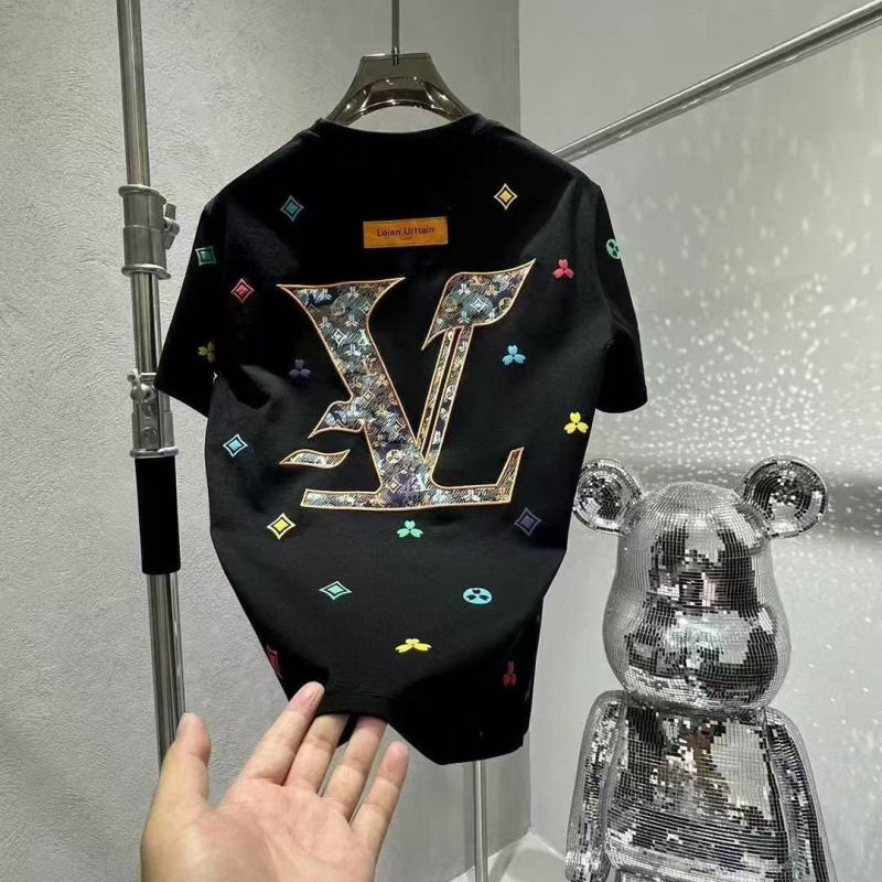 欧洲站LVSMJGXB轻奢刺绣短袖男痞帅圆领正肩T恤夏季时尚休闲半袖