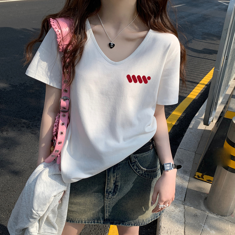 棉短袖v领t恤女夏季设计感小众宽松正肩打底衫上衣服2025新款爆款