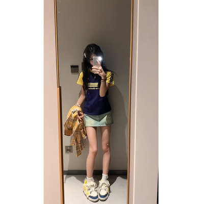 美式撞色条纹插肩袖短款t