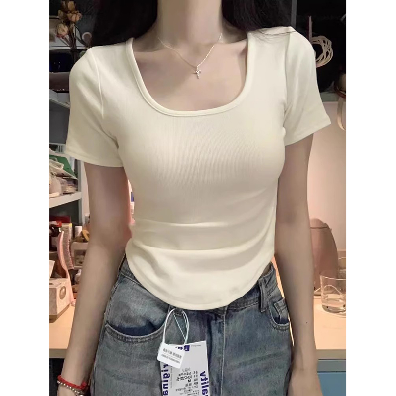 打底衫U领正肩短袖t恤女夏季大码胖mm修身显身材收腰短款显瘦上衣