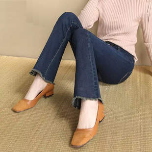 深蓝色高腰九分微喇牛仔裤女2025年秋季小个子显瘦百搭毛边小喇叭