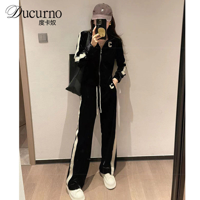 Ducurno高端金丝绒休闲套装女2025新款时髦大码显瘦阔腿裤两件套