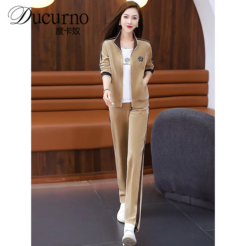 Ducurno金丝绒休闲套装女秋季新款洋气时尚减龄宽松跑步服三件套