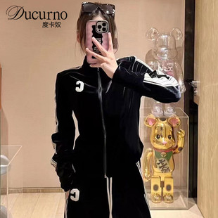 Ducurno高端欧货休闲套装女2025春款洋气金丝绒卫衣阔腿裤两件套