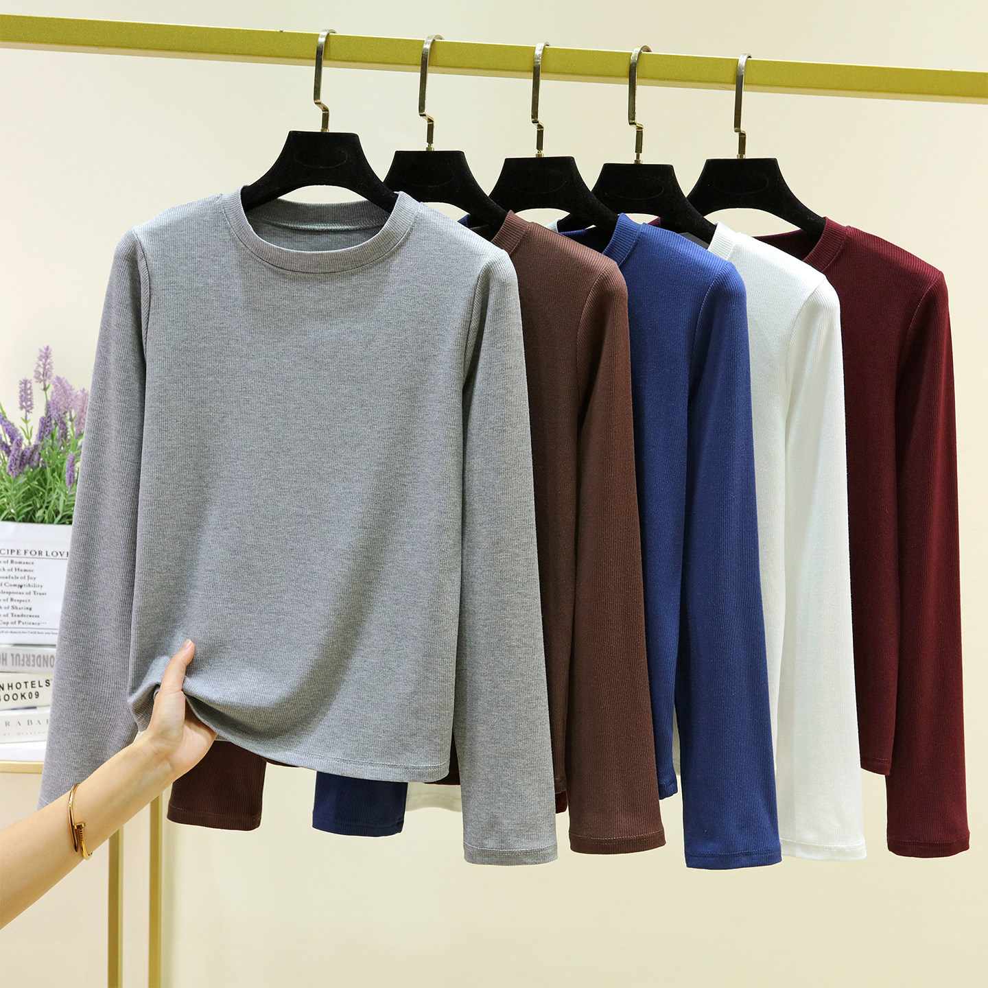 螺纹圆领上衣薄款内搭黑色打底衫女新款纯色大码外穿休闲长袖T恤,女装/女士精品,T恤,淘宝优惠券,粉丝福利购,淘宝优惠卷