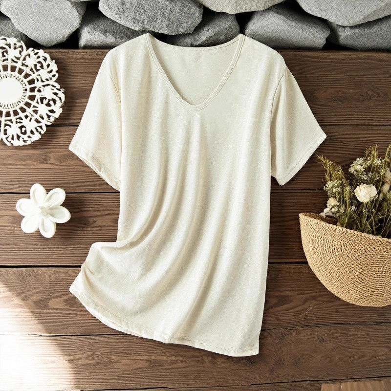 女短袖夏季2025新款白色v领棉麻t恤竹节棉宽松薄款外穿简约上衣