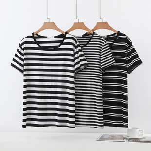 莫代尔圆领短袖T恤女夏薄款半袖内搭打底衫外穿大码黑白条纹上衣