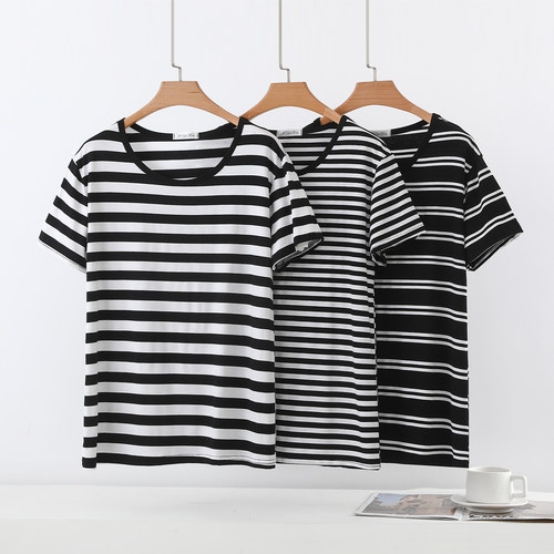 莫代尔圆领短袖T恤女夏薄款半袖内搭打底衫外穿大码黑白条纹上衣