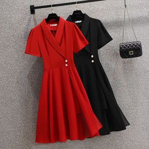 RM12979#新款大码女装时尚气质西装领收腰显瘦遮肚开叉连衣裙