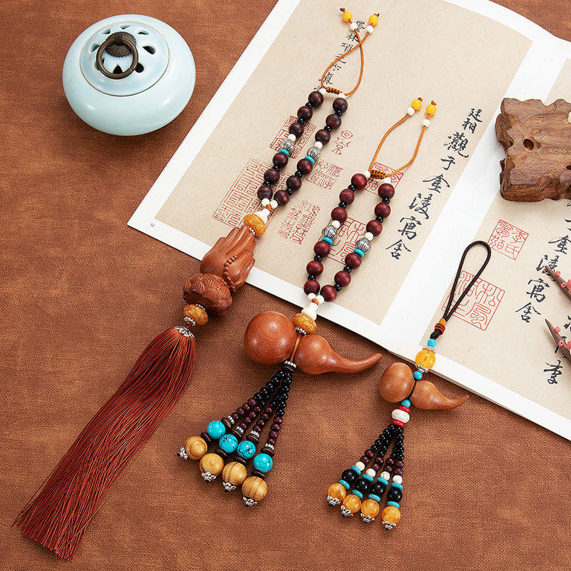 桃木葫芦汽车挂件后视镜吊坠豪华车上保平安挂件司机倒车镜木制品