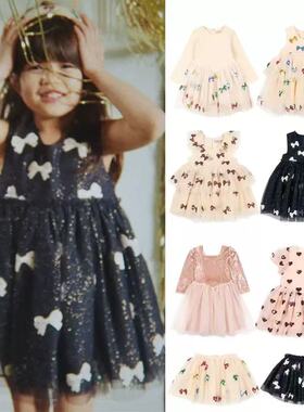 ins爆款25秋冬新款ks系列 女儿童蝴蝶结网纱珠片连衣裙丝绒长袖裙