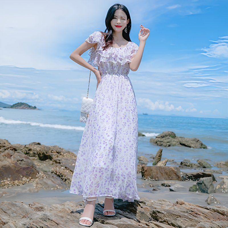 夏季新款雪纺碎花连衣裙一字肩甜美仙女超仙初恋沙滩裙海边度假甜