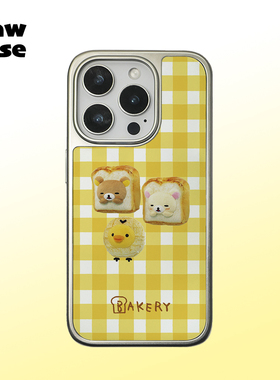 黄色格子小熊面包 银边黑边软壳亮面磨砂磁吸手机壳防摔可爱全包黑框17iphone16promax苹果15plus14pm13适用