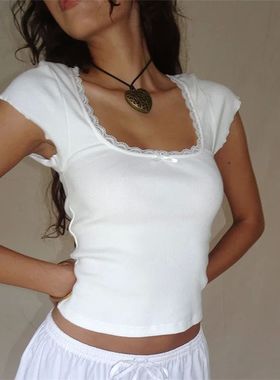 y2k Vintage Baby Tee Cottage Lace Trim Knitted T-Shirt Summe