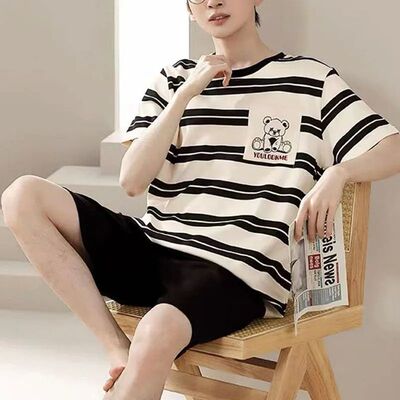 2 Piece Set Sleepwear Men Large Size Youth Pajamas Striped B