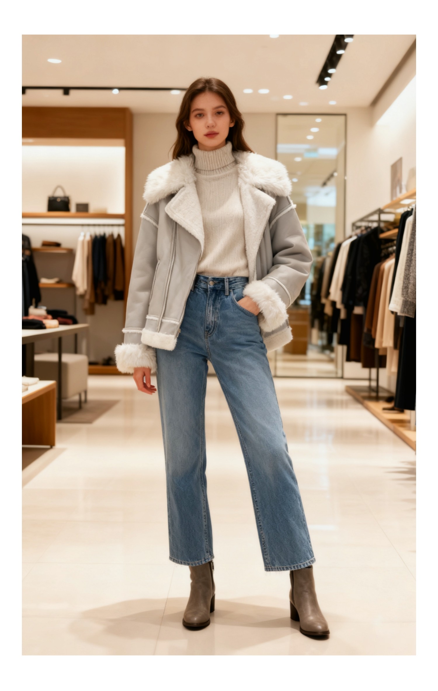 韩版大翻领羊剪毛拼PU外套女冬季新款白色皮毛一体拉链加厚夹克