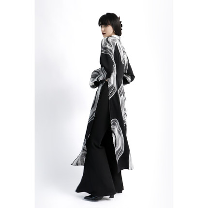 APOZi 高开叉长袖连衣裙女秋冬高个子复古设计感改良版黑色旗袍裙