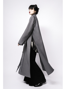 APOZi衍生山水系列 新中式男女同款灰色开叉外套复古单排扣上衣女