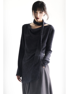 APOZi collection水墨雅丹系列新中式挂脖打底衫荡领针织飘带上衣