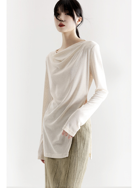 APOZi collection 拟时系列新中式荡领长袖t恤女宽松显瘦针织上衣