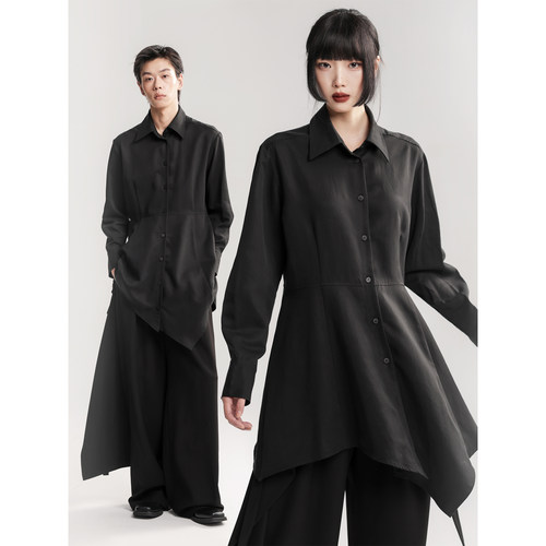 APOZi collection【游墨系列】解构衬衫不规则下摆黑色宽松长上衣