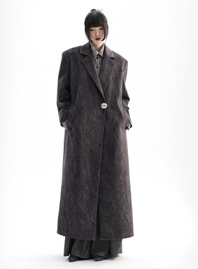APOZi collection/镜水浮金/新中式长款灰色大衣纯色宽松过膝外套