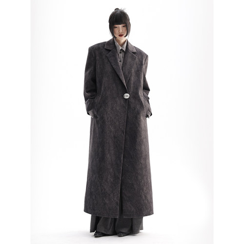 APOZi collection/镜水浮金/新中式长款灰色大衣纯色宽松过膝外套