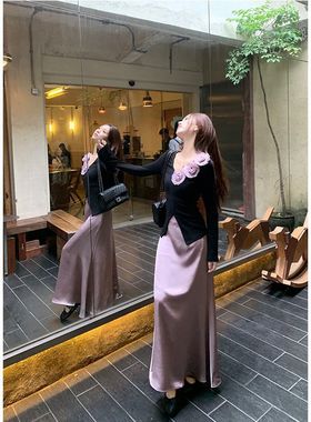 西蒙莱纳法式立体玫瑰花女气质长袖上衣紫色半身长裙时尚套装
