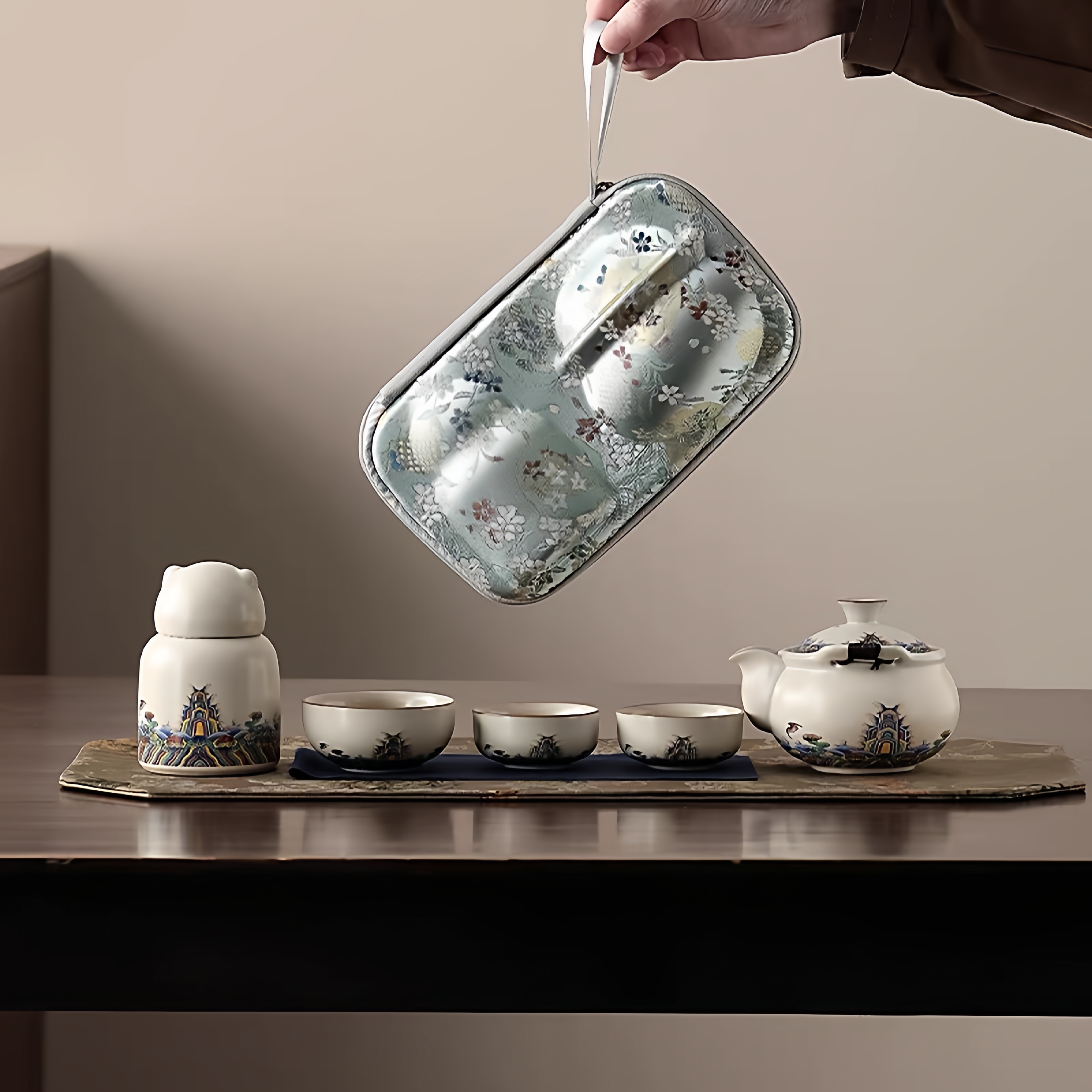 新款汝窑旅行茶具套装带茶叶罐便携海浪快客杯户外露营泡茶壶茶杯